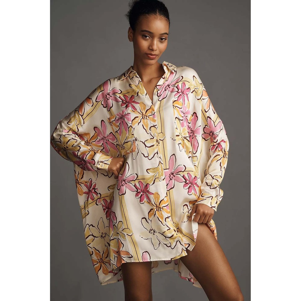 Corey Lynn Calter Anthropologie Floral Long Sleeve Mini Shirt Dress Cream- XL